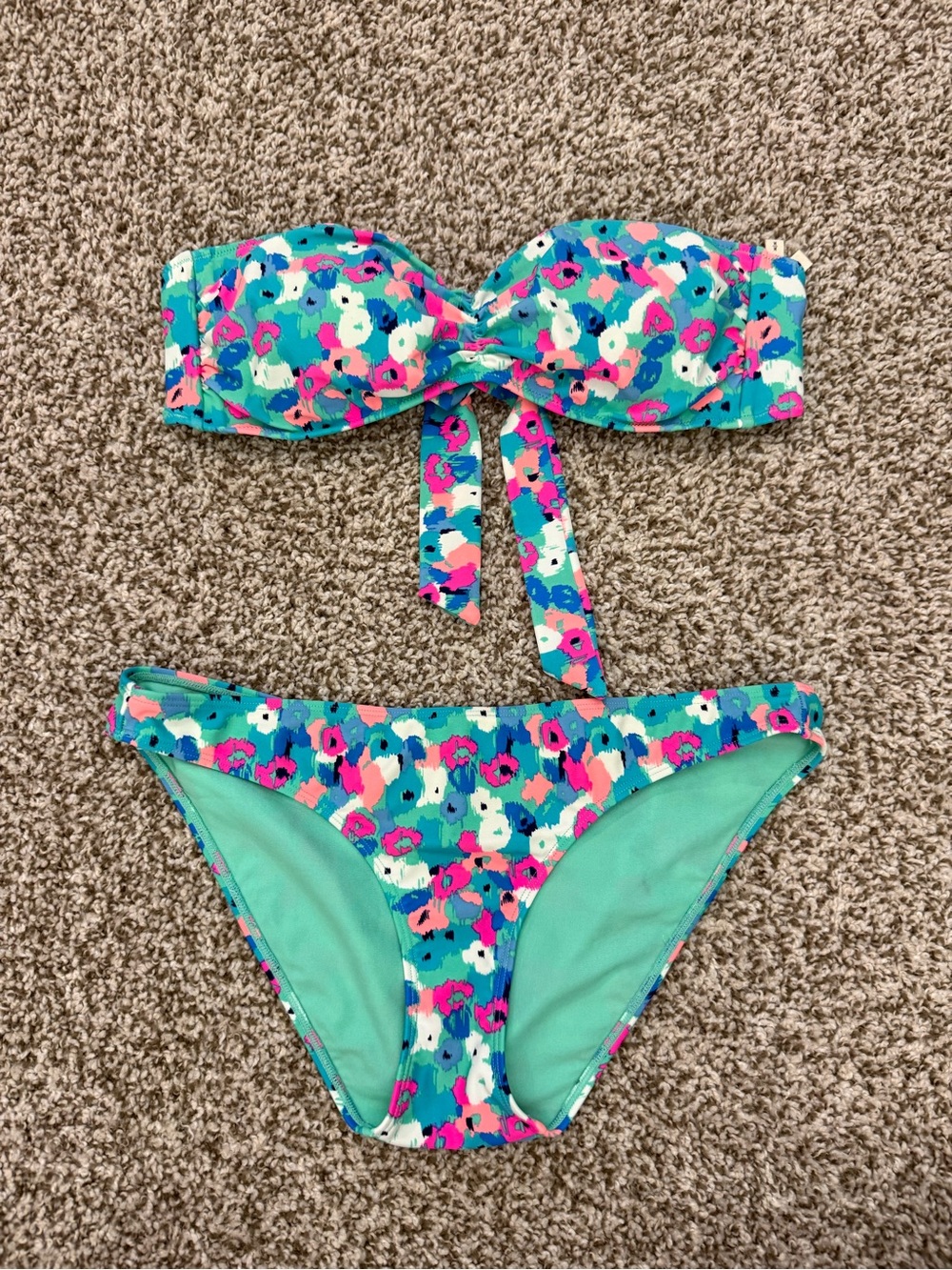aerie Teal Floral Bandeau Bikini with Pink Accents